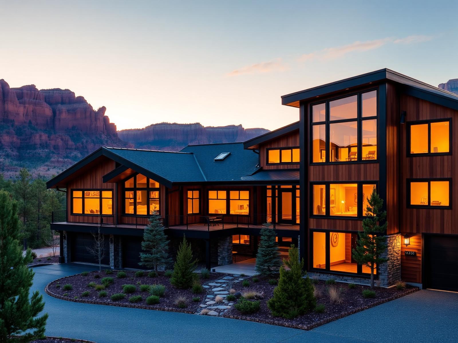 Custom mountain-modern home in Southern Utah red rock landscape at golden hour